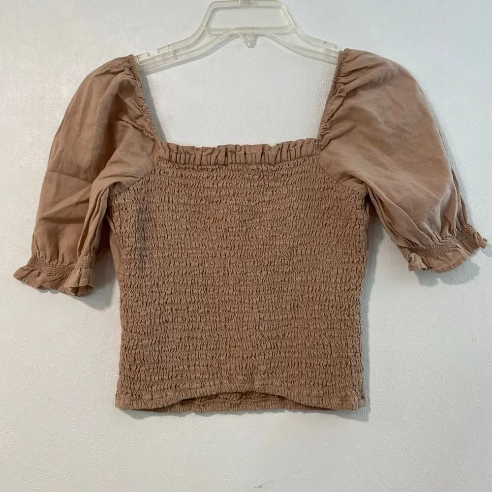 Abercrombie & Fitch Smocked Puff Sleeve Crop Top Beige Size S Cottagecore